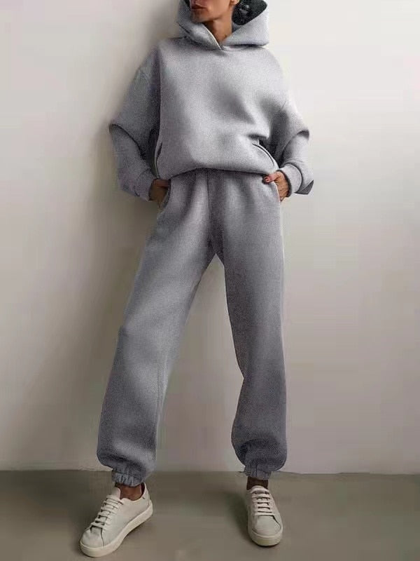 Winter Two Piece Sets Women Tracksuit Oversized Suit Female Sweatshirt Solid Sports Hoodie Sportswear