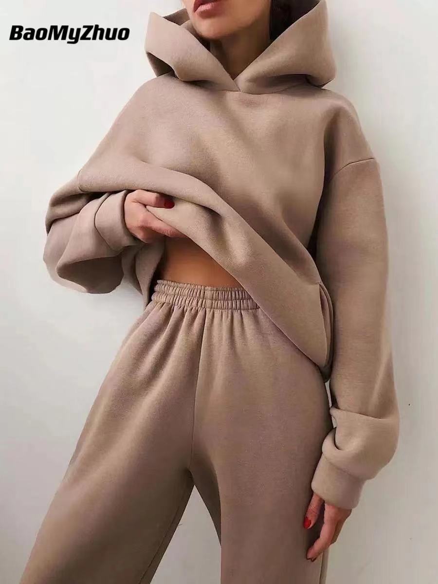 Winter Two Piece Sets Women Tracksuit Oversized Suit Female Sweatshirt Solid Sports Hoodie Sportswear