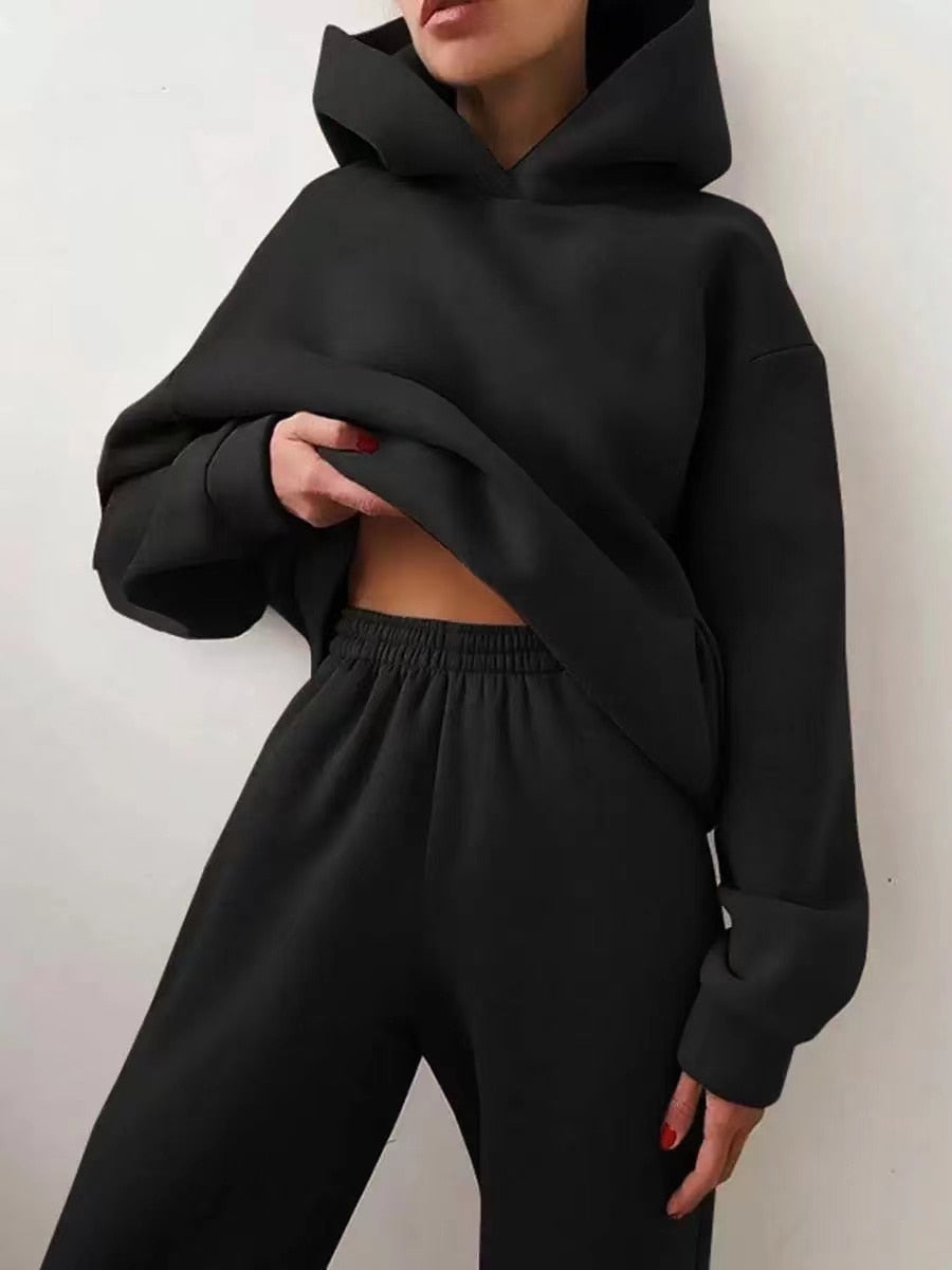 Winter Two Piece Sets Women Tracksuit Oversized Suit Female Sweatshirt Solid Sports Hoodie Sportswear