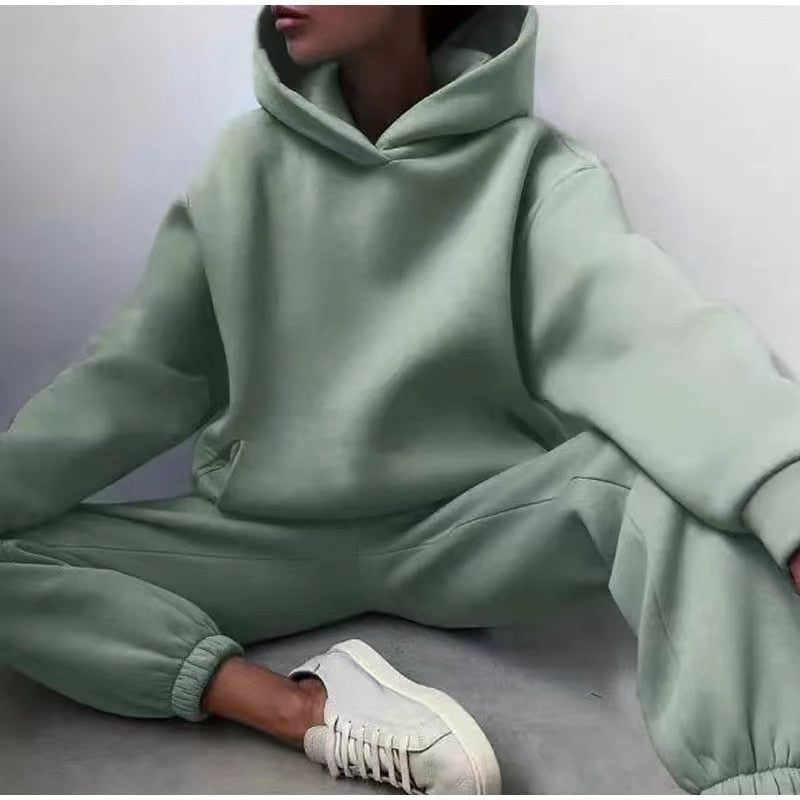 Winter Two Piece Sets Women Tracksuit Oversized Suit Female Sweatshirt Solid Sports Hoodie Sportswear